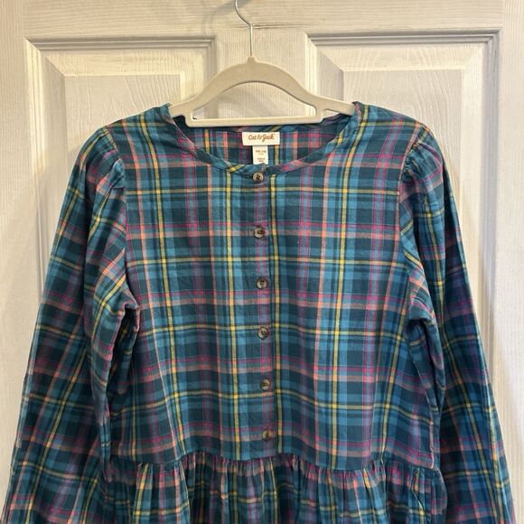 Cat & Jack Girls XXL 18 Plaid Button Front Long Sleeve Dress Blue Green NWT - Picture 7 of 16